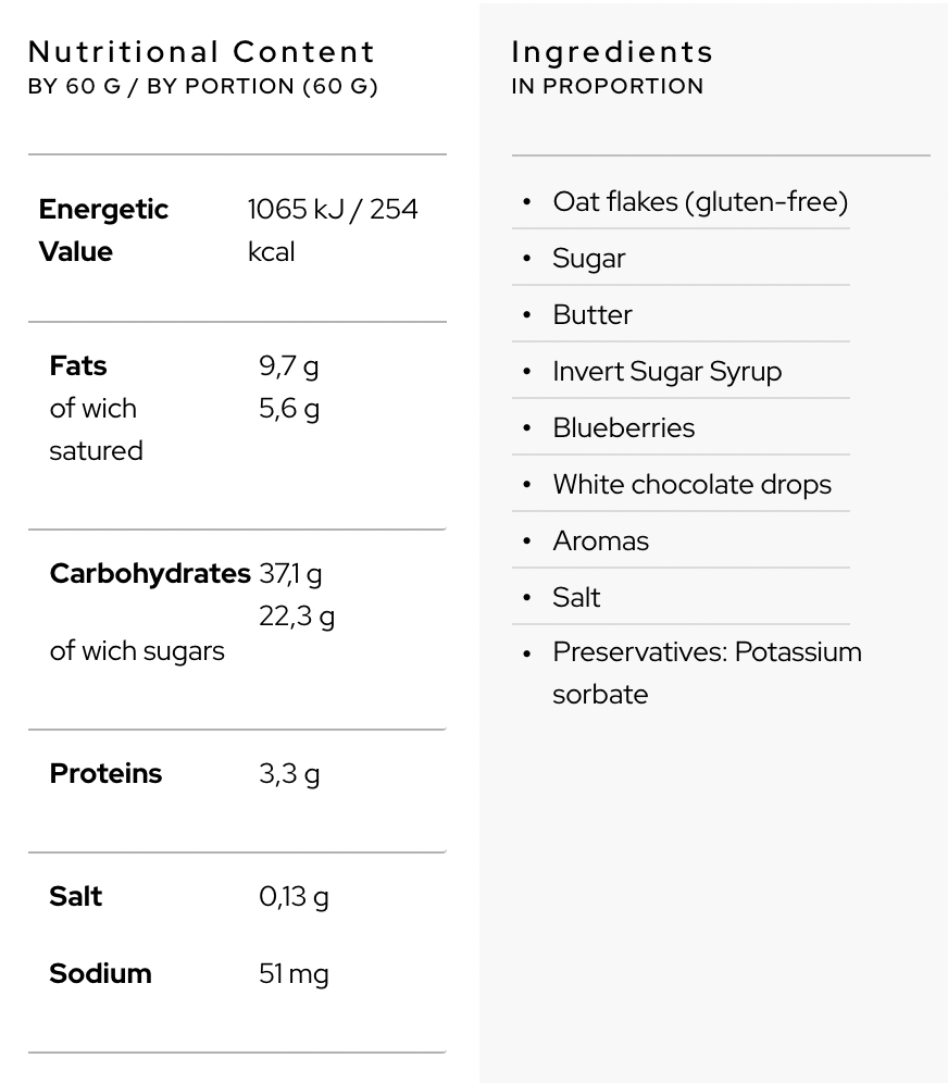 GLUTEN FREE ENERGY BAR · SWEET BAR - WHITE CHOCOLATE AND BLUEBERRIES